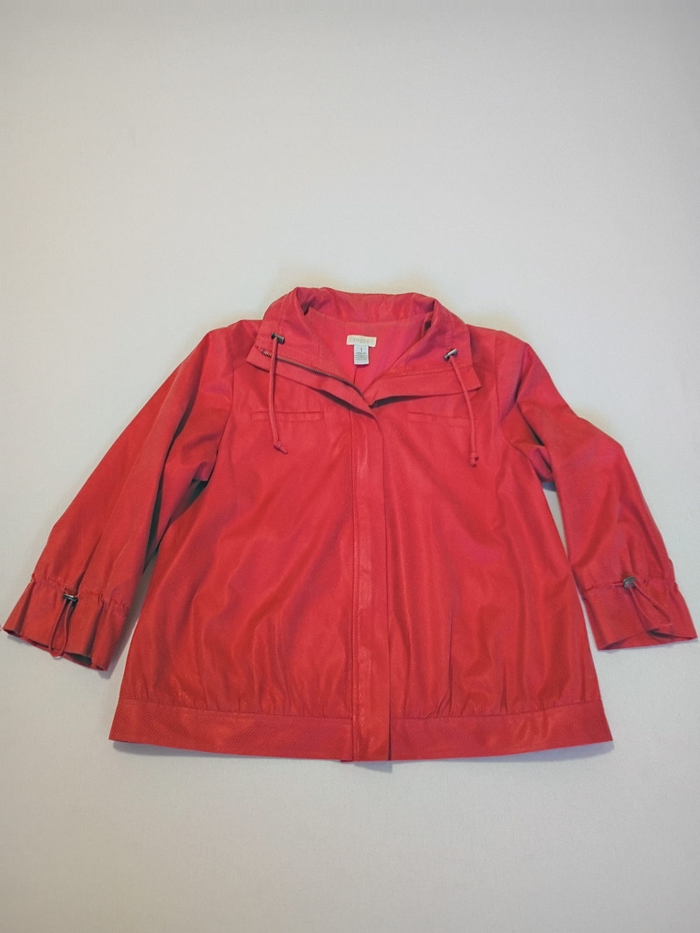 Chico's Snakeskin Print Back Swing Jacket Red Coral Full Zip Funnel Neck Size 1